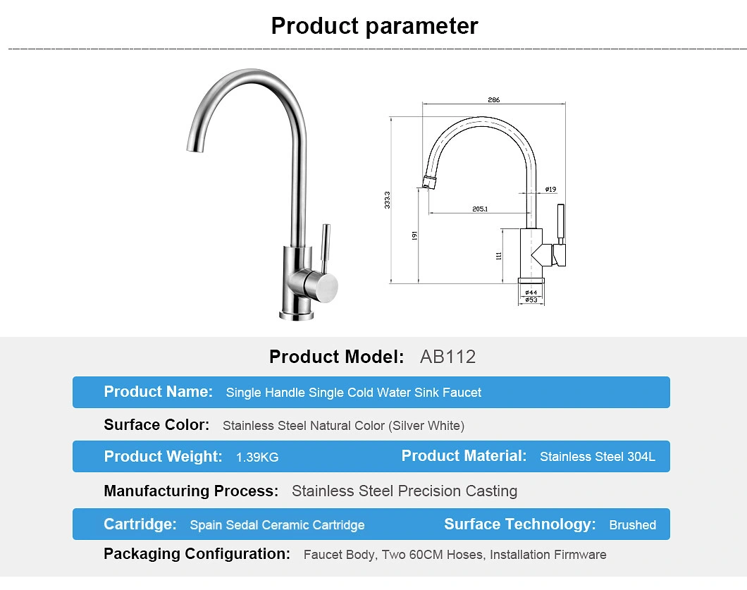 Stainless Steel Mirror/Bathroom Accessories Satin Single Handle Kitchen Faucet