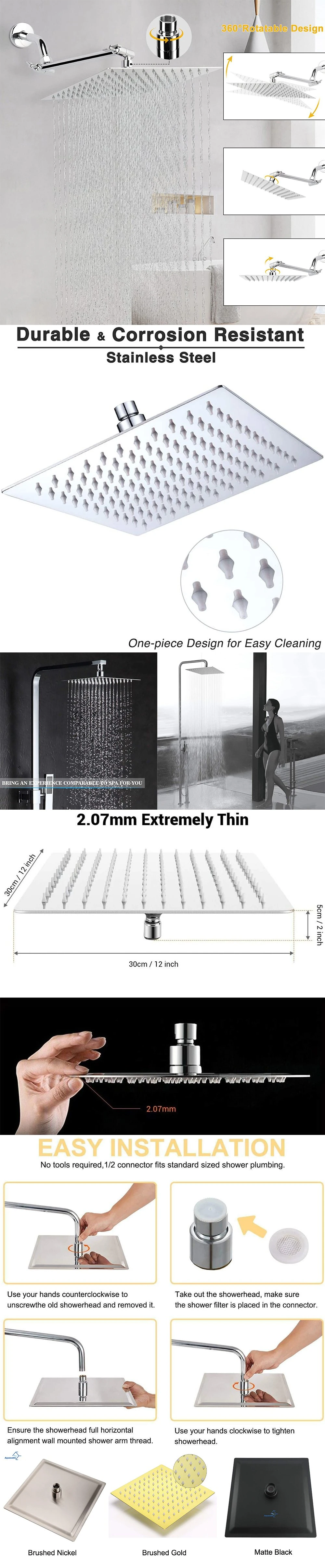 12 Inch Rain Shower Head, Square Ultra Thin 304 Stainless Steel Large Rainfall Shower Head, Full Body Coverage Modern Shower Head