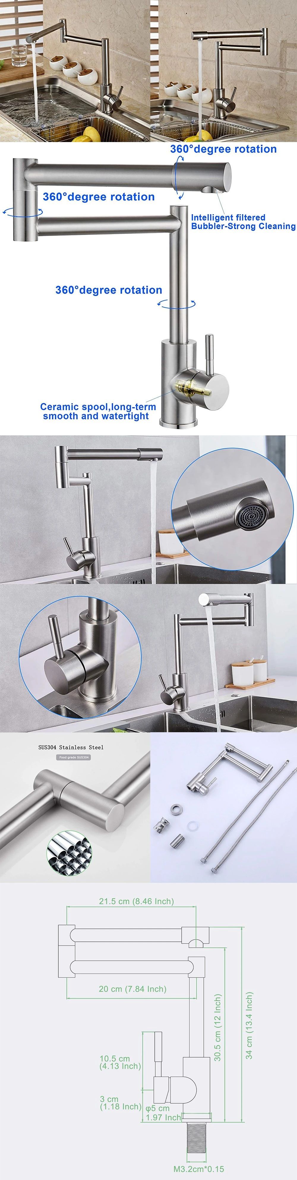 Aquacubic Brushed Nickel Finish Deck Mount Pot Filler Kitchen Faucet with Extension Shank