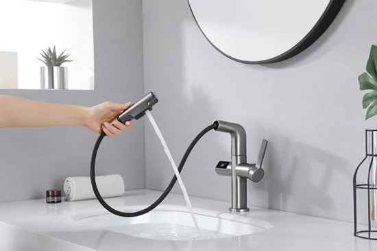 Sanipro Lavandino da bagno in rame Miscelatore estraibile senza tocco Rubinetto intelligente regolabile in altezza con display digitale